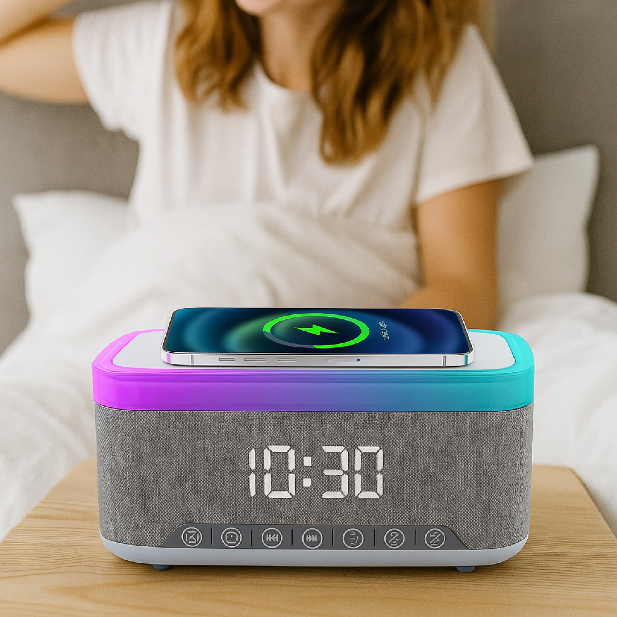 Desk-to-Bedside Power & Comfort Bundle – Sip & Charge 2-in-1 Mug Warmer + 5-in-1 Wireless Charging Alarm Clock Speaker